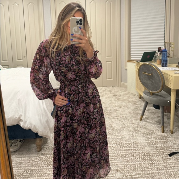 NWT Mango Floral Pink and Purple Midi Dress with Smocked Waist - Picture 2 of 6